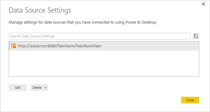 Screenshot of Data Source Settings dialog with the on-premises OData feed URL and Edit button.