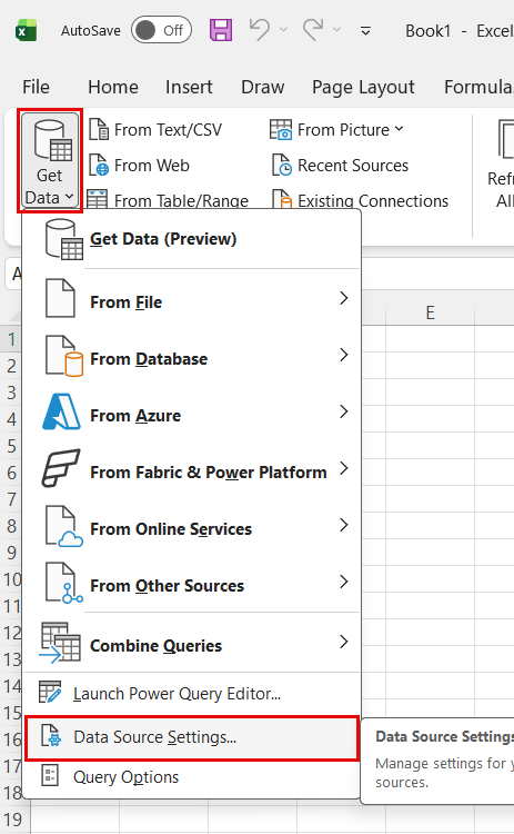 Screenshot of Excel Data tab with the Data Source Settings option highlighted.