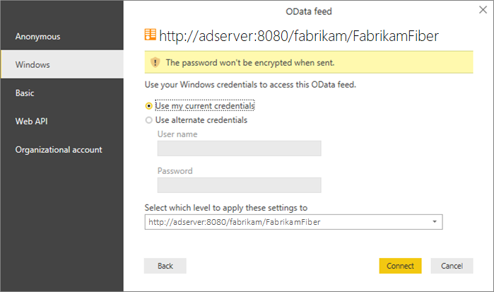 Screenshot of Power BI Desktop authentication dialog with the Windows option selected.
