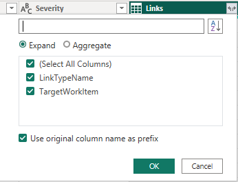 Screenshot of Power BI Links column, expand options.