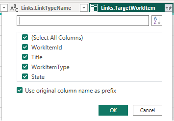 Screenshot of Power BI Links.TargetWorkItem column, expand options.