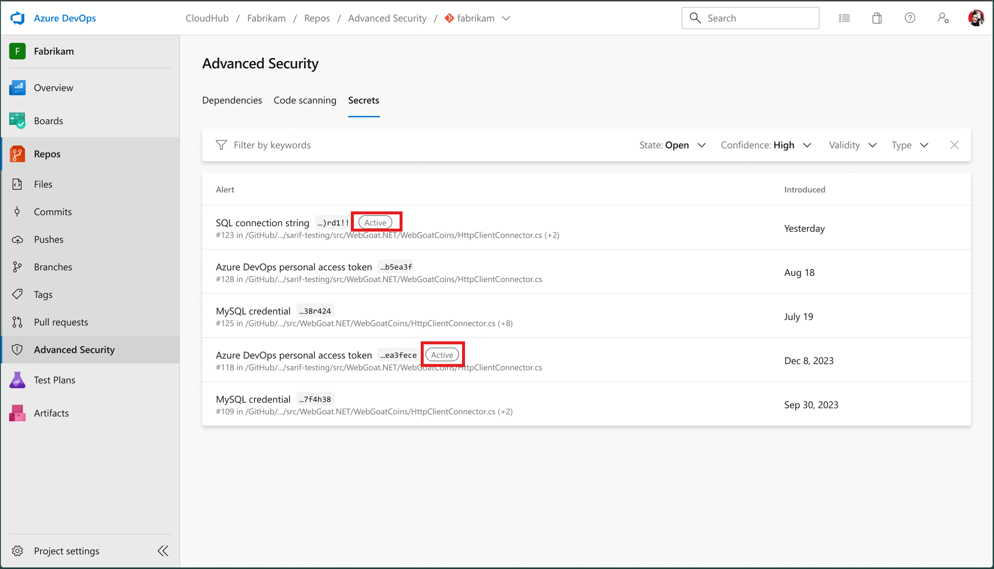 Screenshot of Advanced Security Secret validation list.