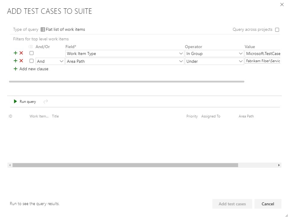 Screenshot of the Define tab showing the add existing test cases dialog.