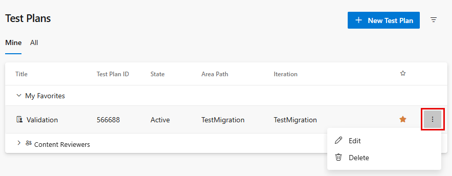 Screenshot of the Mine page showing menu options to edit or delete a test plan.