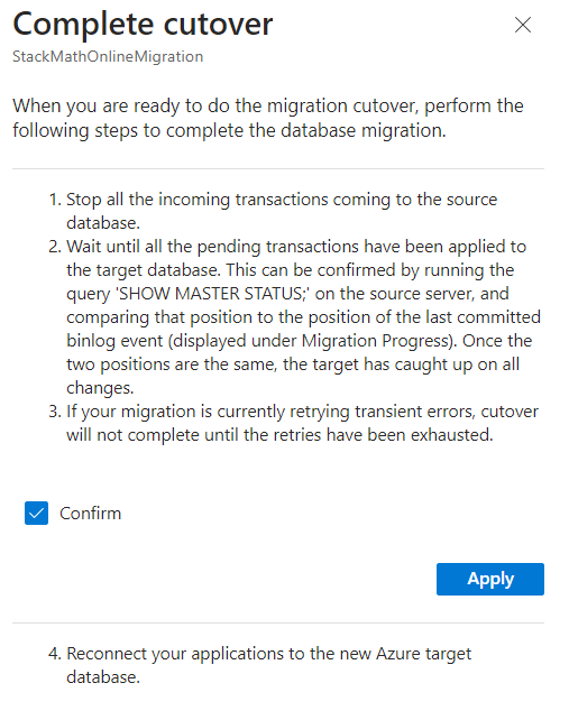 Screenshot of Perform cutover.