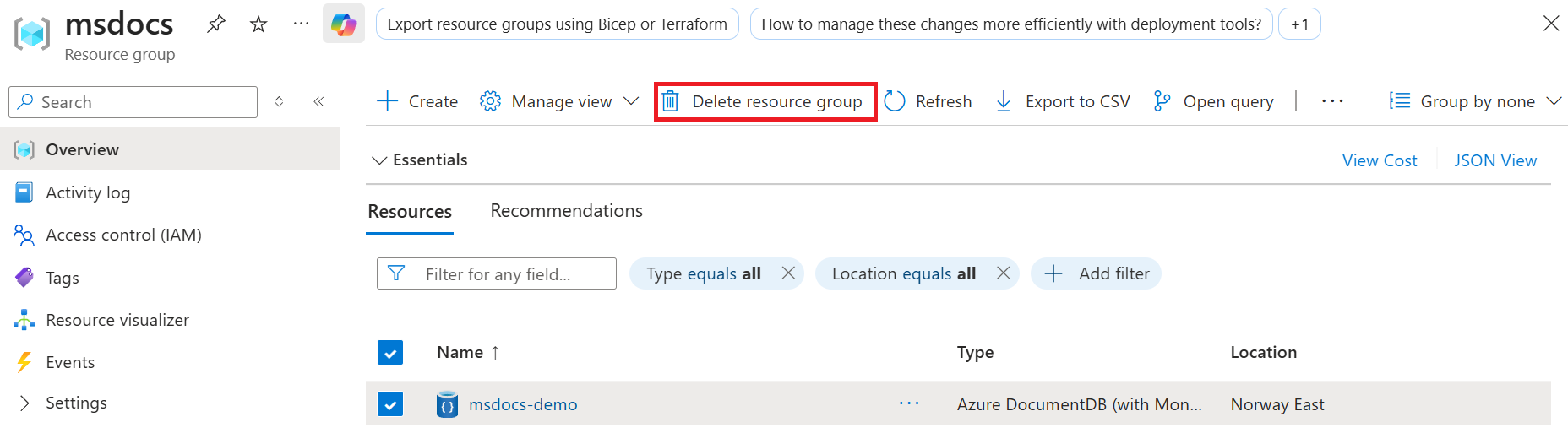 Screenshot showing resource group.