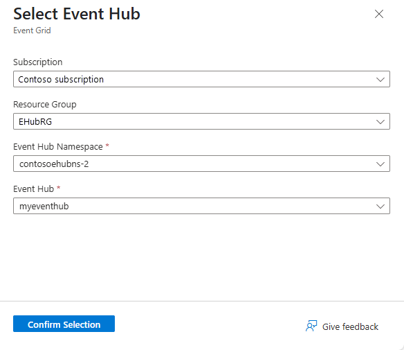 Screenshot that shows the Select event hub page.