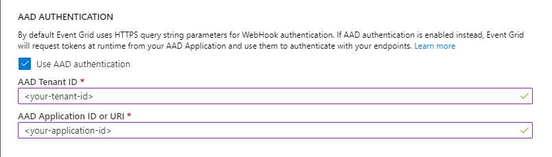 Screenshot of secure webhook action configuration in Azure portal.