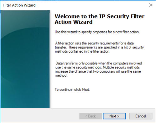 Screenshot of the IP Security Filter Action wizard.