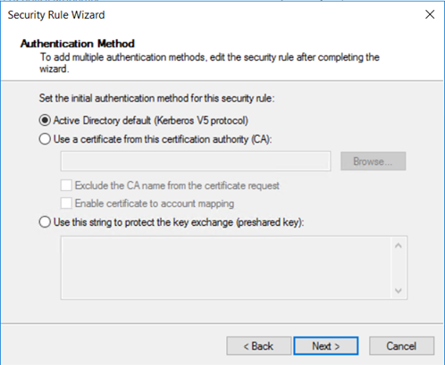Screenshot of selecting the Kerberos authentication method.