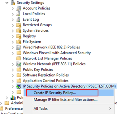Screenshot of creating the IP security policy.