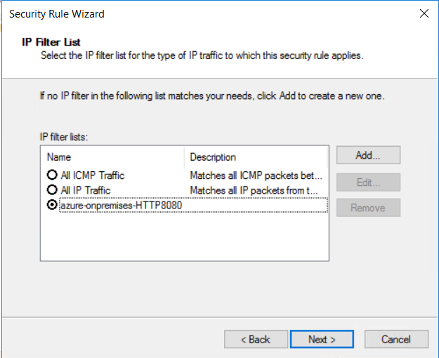 Screenshot of selecting the existing IP filter list.