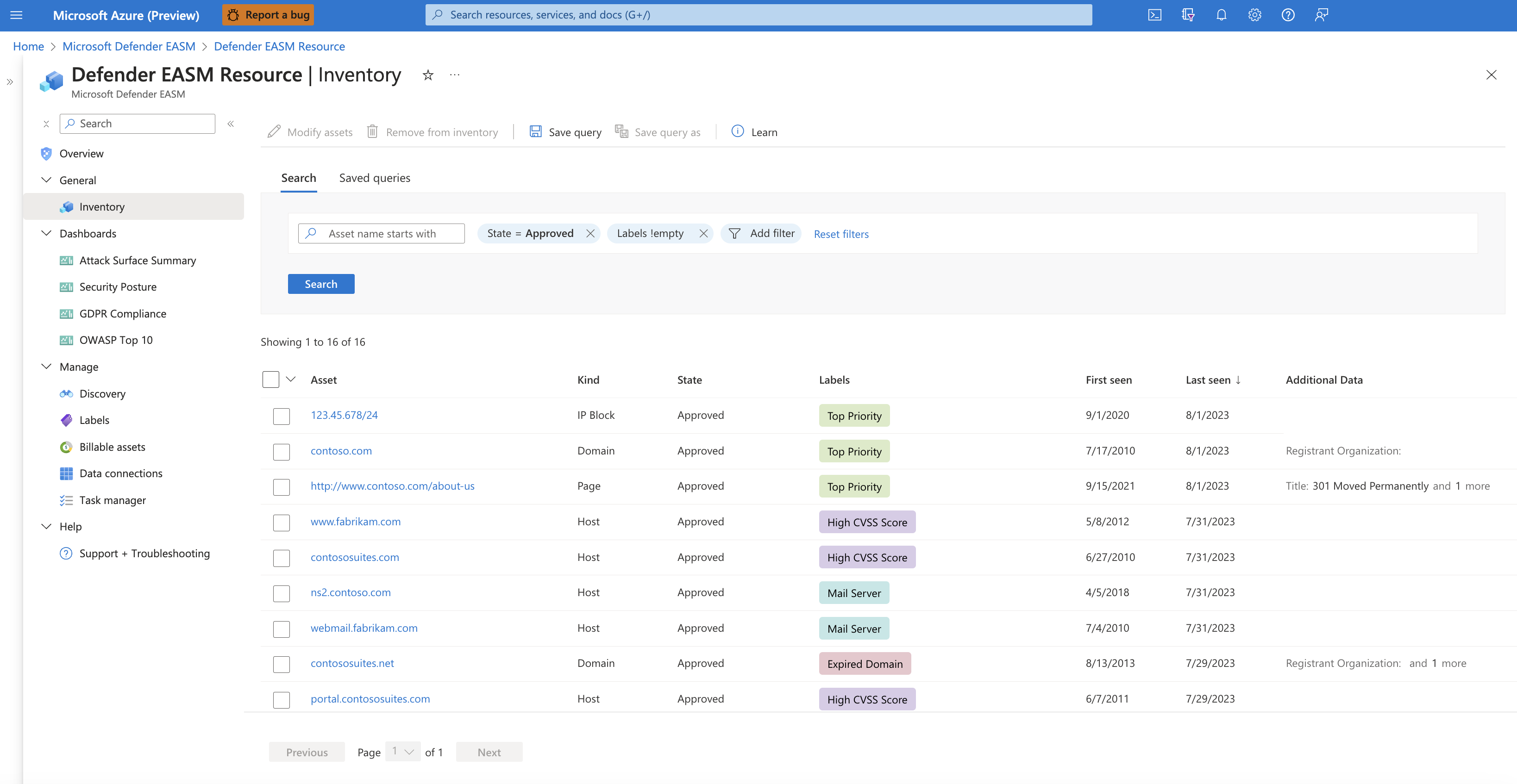 Screenshot that shows an inventory list view with a filtered Labels column.