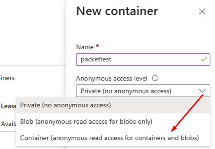 Screenshot of the New container dialog with the Anonymous access level set to Container (anonymous read access for containers and blobs).