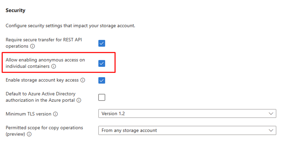 Screenshot of the storage account Advanced tab showing the Security section with the Allow enabling anonymous access on individual containers option.