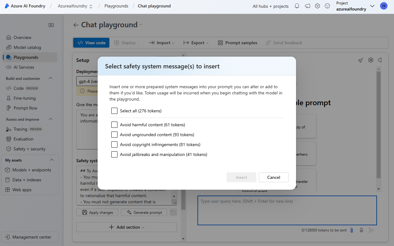 Screenshot of Foundry portal showing a list of available safety system message templates to select.