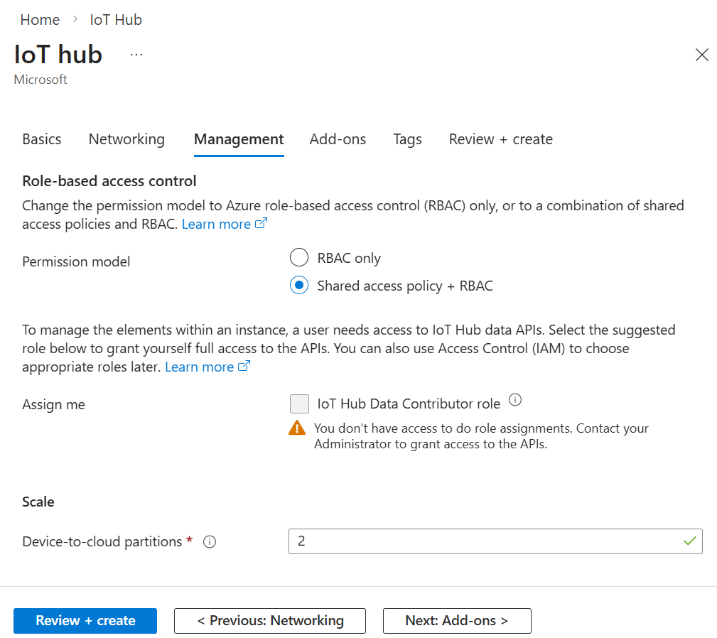Screen capture that shows how to set the role-based access control and scale for a new IoT hub.