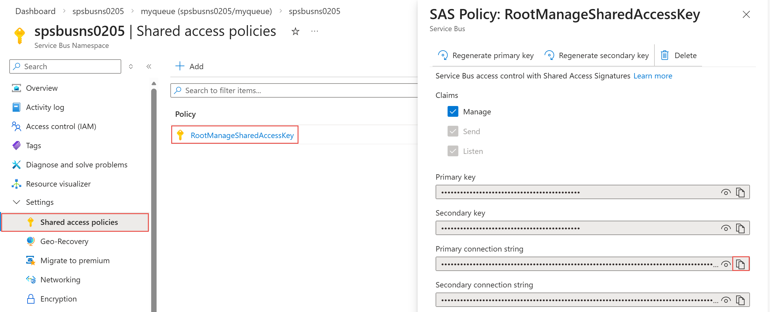 Screenshot shows an SAS policy called RootManageSharedAccessKey, which includes keys and connection strings.