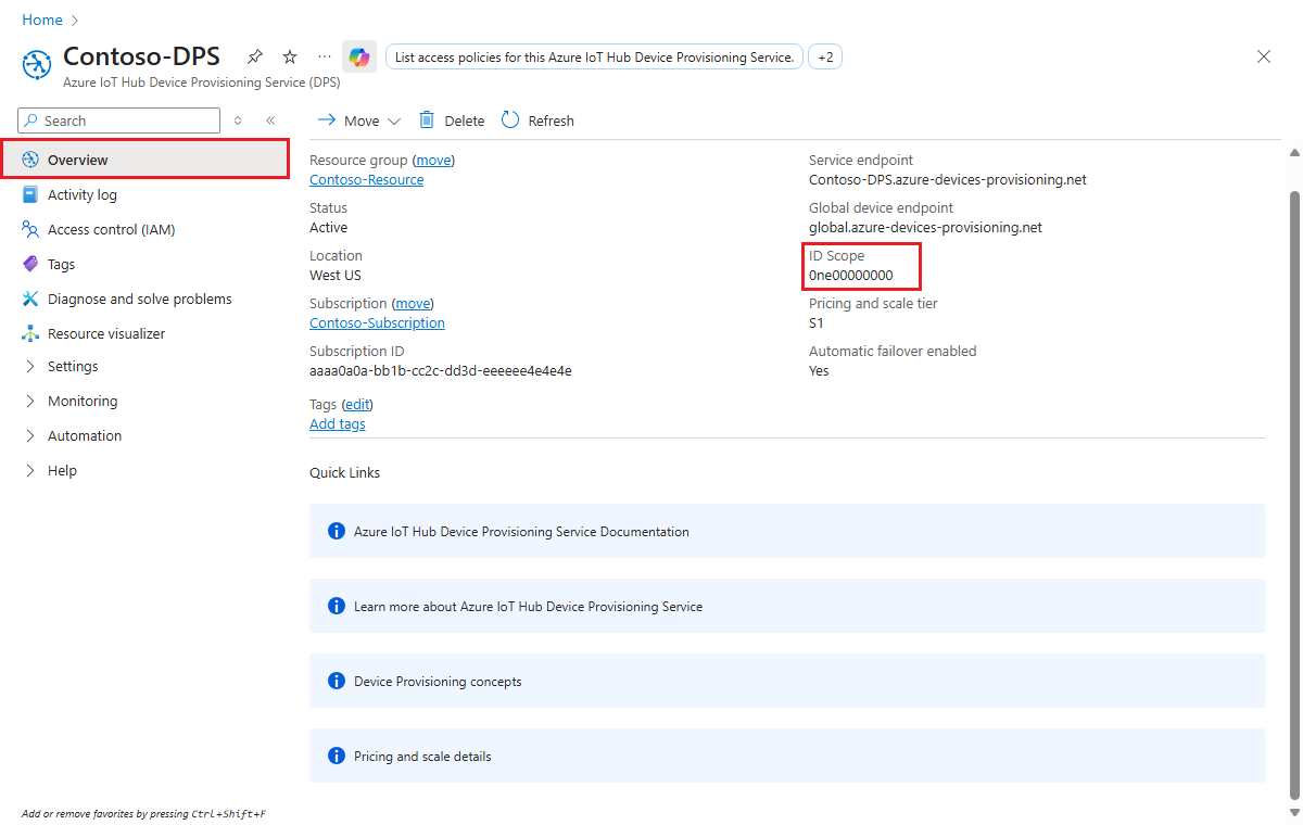Screenshot of the ID Scope value in the Device Provisioning Service overview page from the portal.