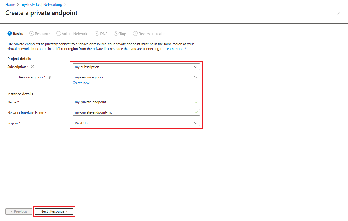 Screenshot that shows the Basics tab of the Create a private endpoint page.