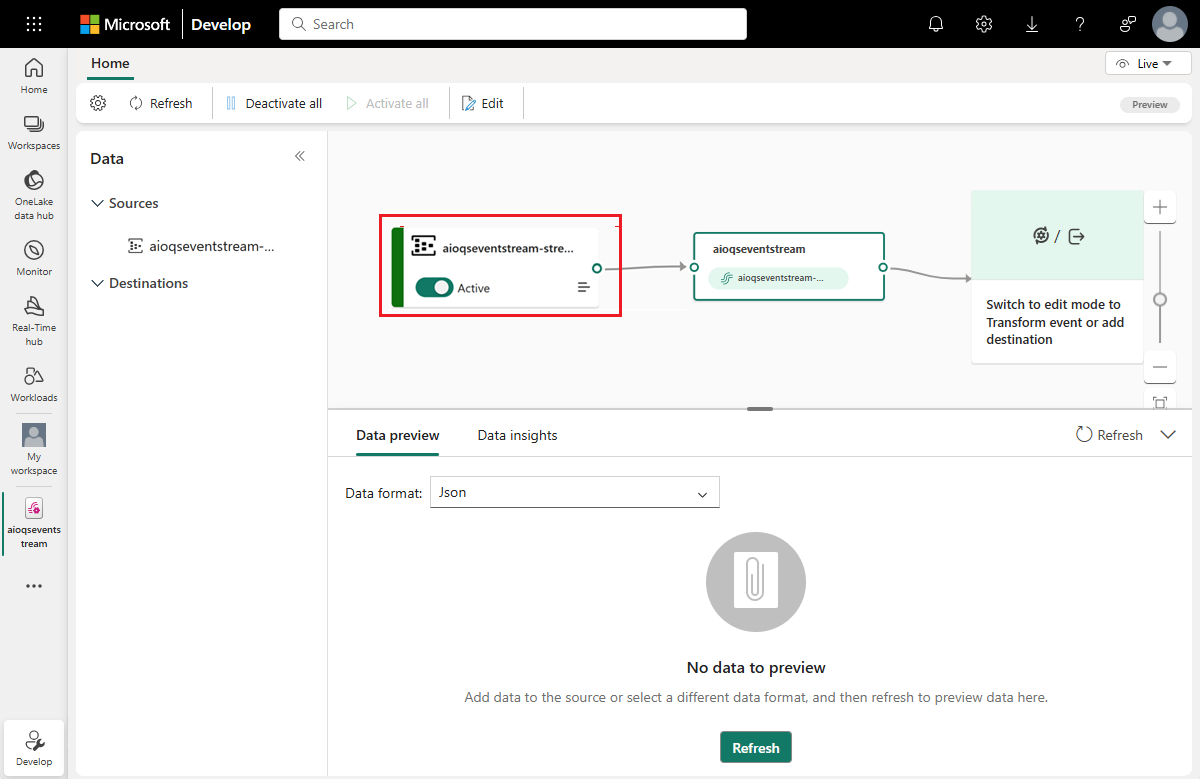 Screenshot of the eventstream with an AzureEventHub source.