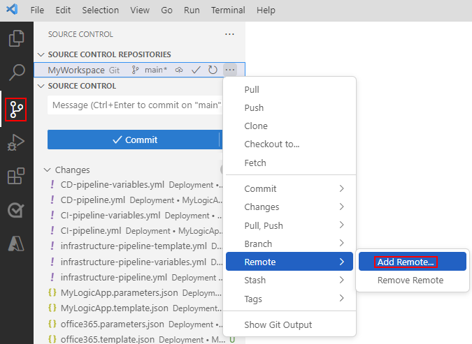 Screenshot shows Visual Studio Code, Source control window, and selected option named Add remote.