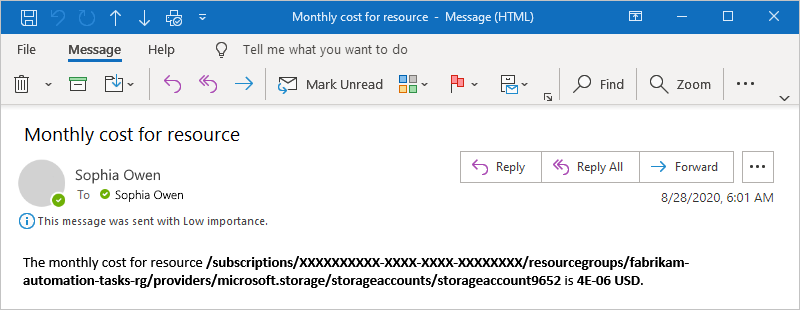 Screenshot shows an email notification sent by task.