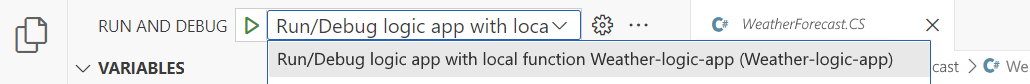 Screenshot shows Run and Debug list with selection option for Run/Debug logic app with local function.