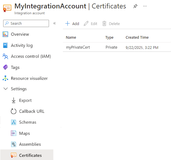 Screenshot showing the Azure portal and integration account with the private certificate in the "Certificates" list.