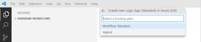 Screenshot shows the prompt to select Workflow Standard or App Service Plan.