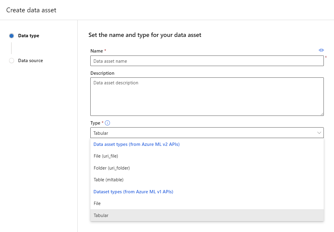 Screenshot showing the setting of the name, description, and type of the data asset.
