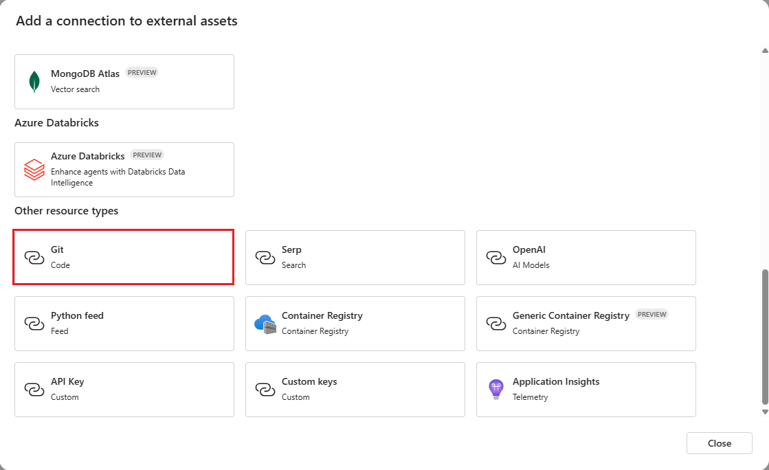 Screenshot highlighting the option to connect to a Git repo in Azure Machine Learning studio UI.