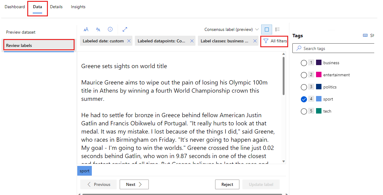 Screenshot that shows how to select filters to review consensus label problems.
