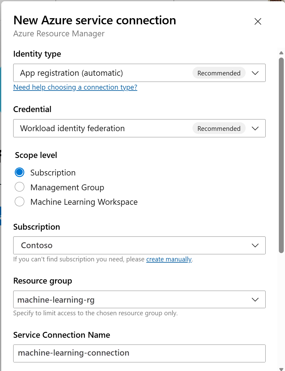 Screenshot of ARM service connection.