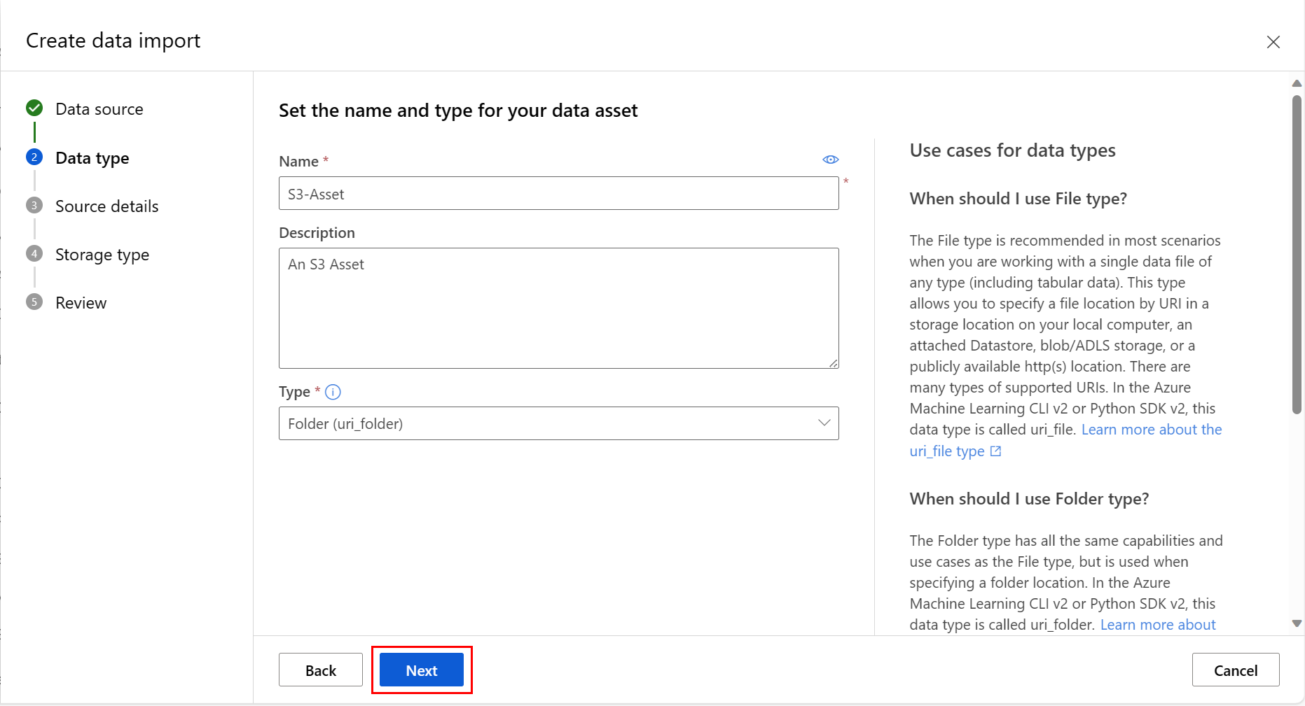 Screenshot showing selection of a Snowflake data asset type.