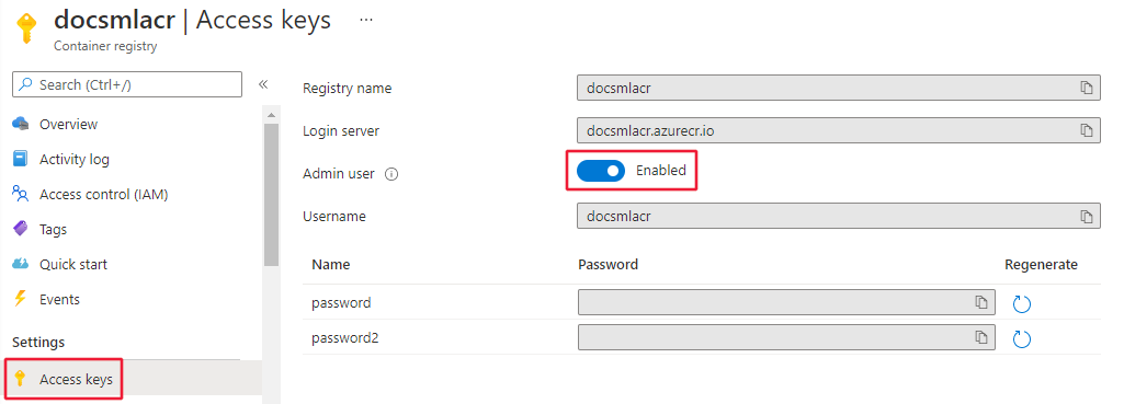 Screenshot of the container registry access keys form, with the admin user option enabled.