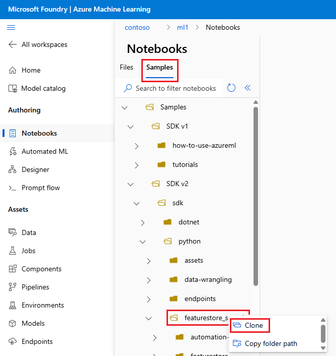 Screenshot that shows selection of the sample directory in Azure Machine Learning studio.