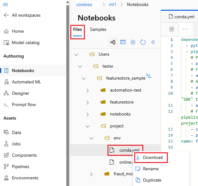Screenshot that shows selection of the Conda YAML file in Azure Machine Learning studio.