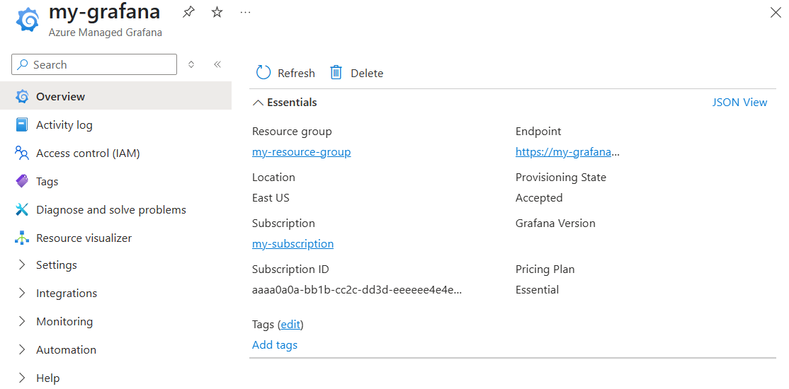 Screenshot of the Azure portal. Endpoint URL display.