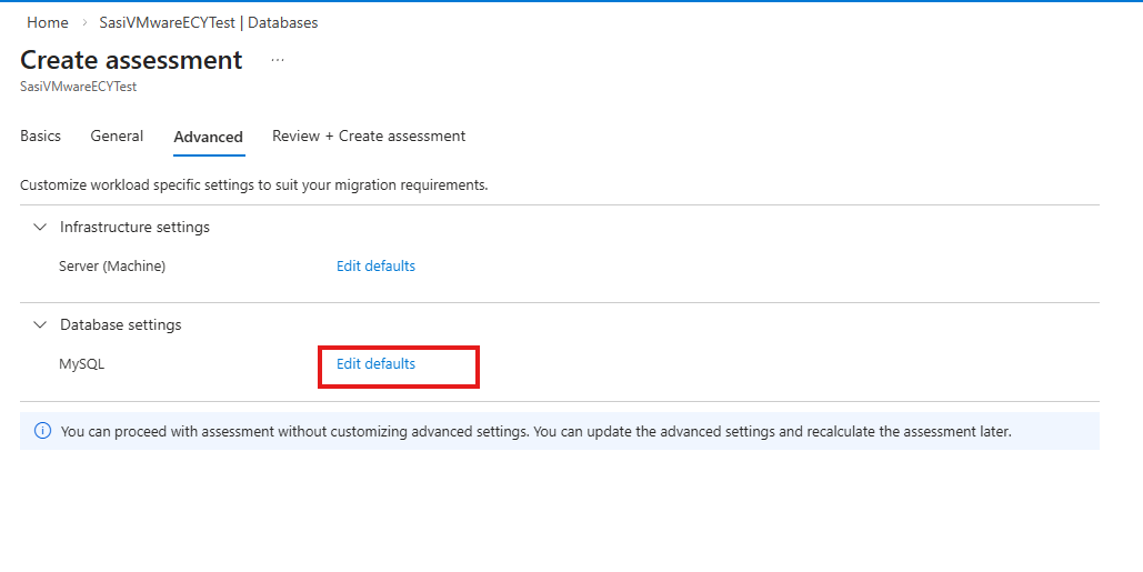 Screenshot on how to edit MySQL assessment settings.