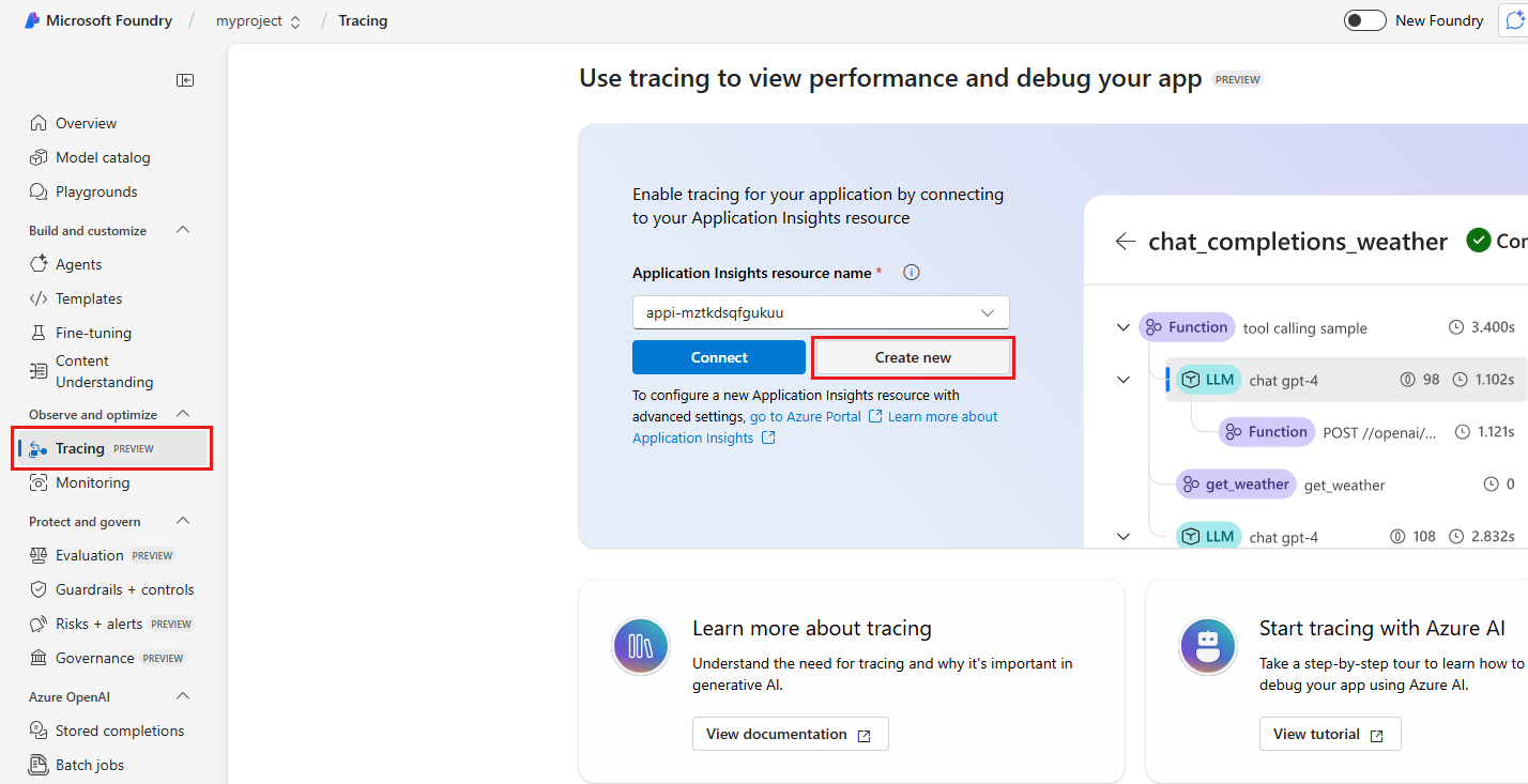 Screenshot that shows the area for selecting an Application Insights resource and activating tracing.