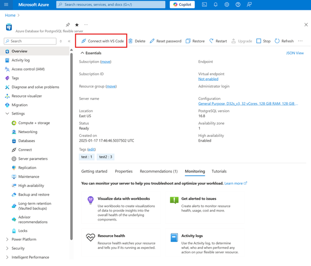 Screenshot of Azure portal showing an Azure Database for PostgreSQL instance with the Connect with Visual Studio Code button.