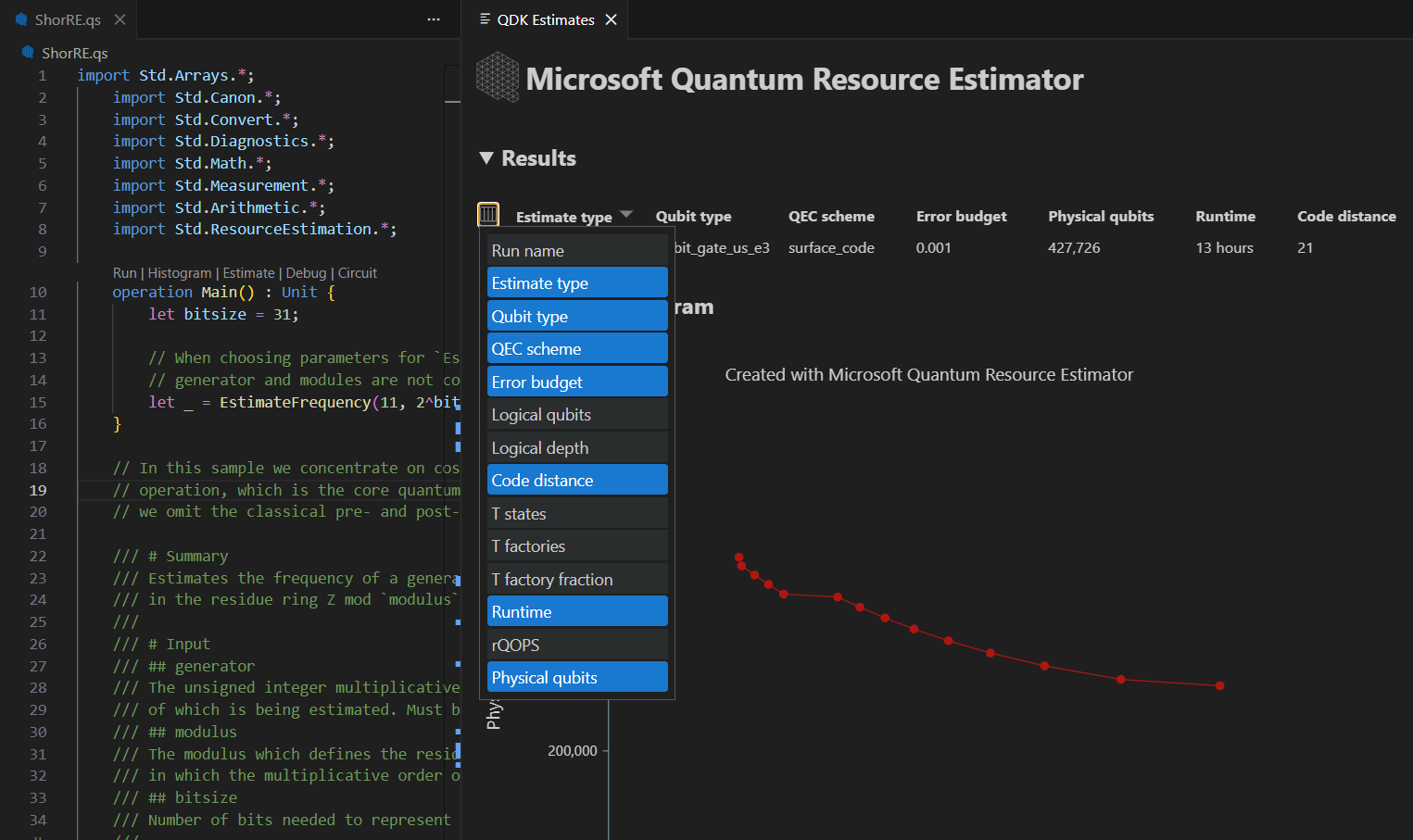 Screen shot that shows how to use the menu to select the resource estimate output columns.