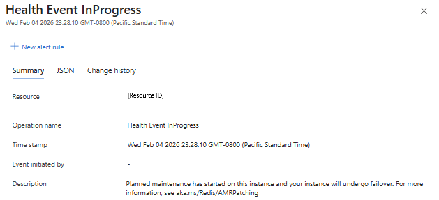 Screenshot of maintenance event in Activity log in the portal.