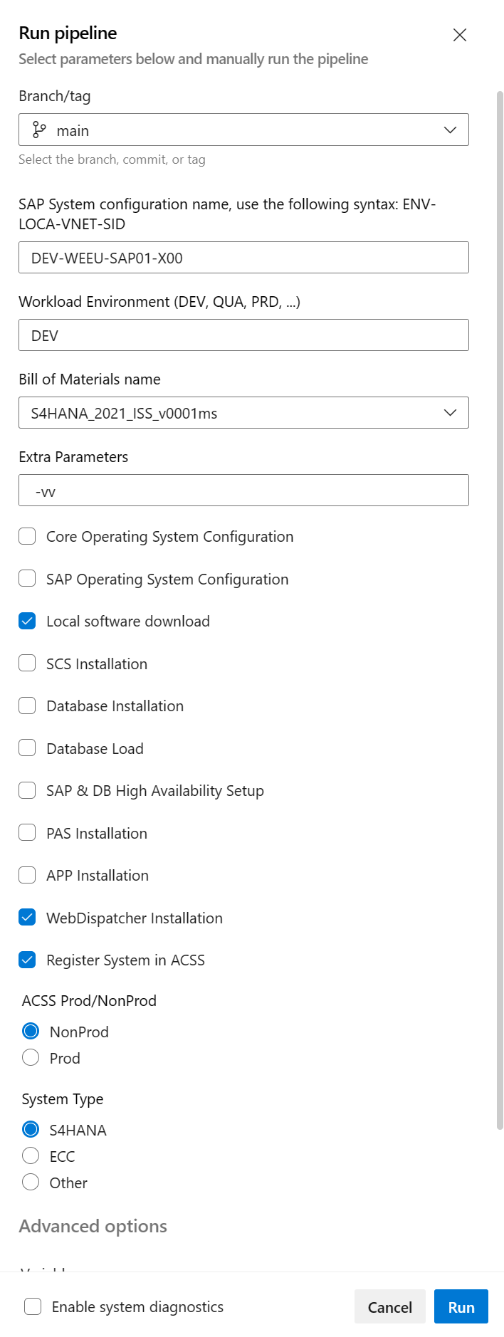 Screenshot that shows the OS and SAP configuration options.