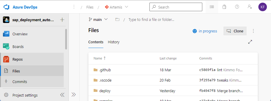 Screenshot of Azure DevOps with a repository ready for cloning.