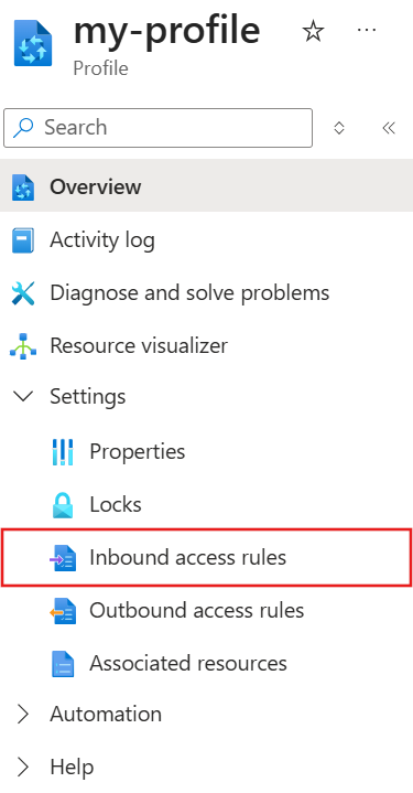 Screenshot of the left hand menu with inbound access rules selected.