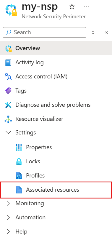 Screenshot of the network security perimeter left-hand menu.