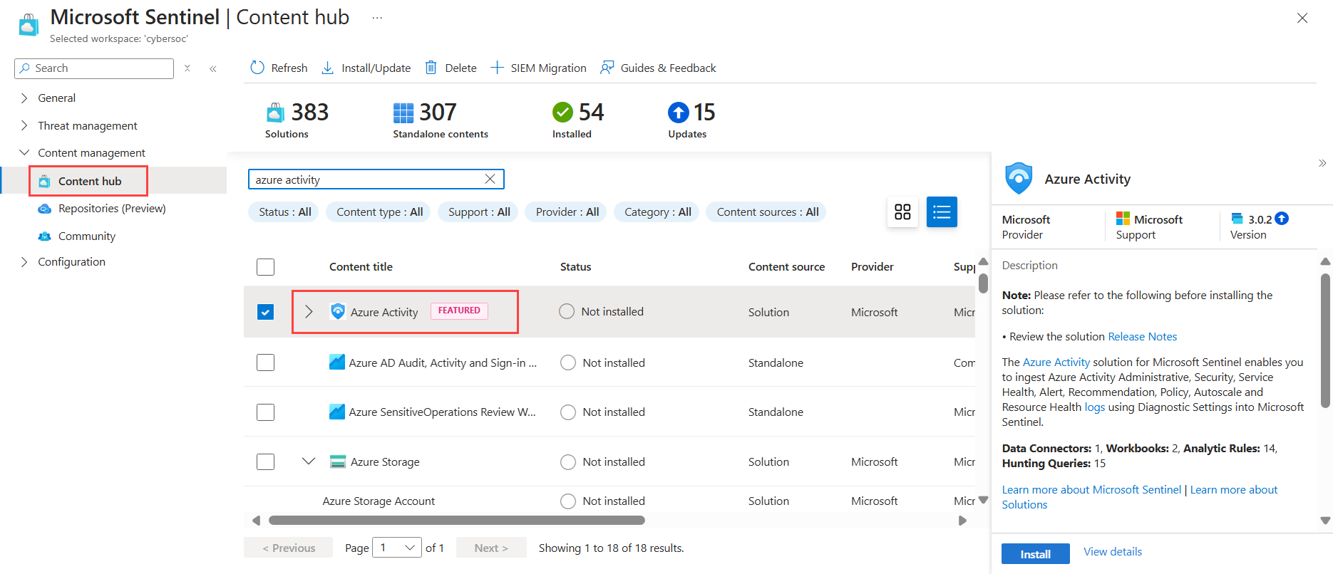 Screenshot of the content hub in the Azure portal with the solution for Azure Activity selected.