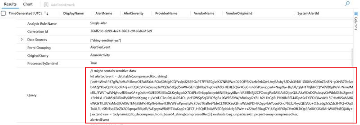 Screenshot of sample results for trigger an alert for each event mode showing a base64 encoded query.